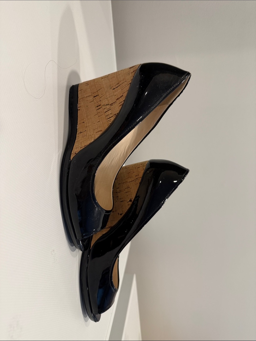 Prada Black Patent Leather Cork Wedge Heels